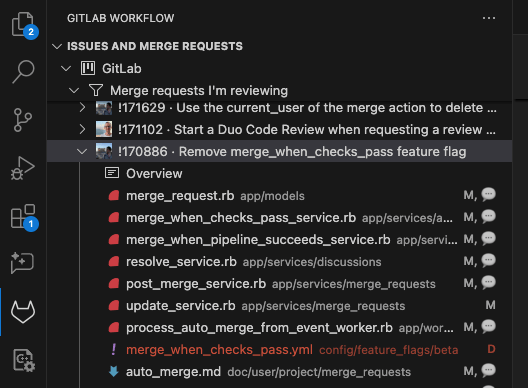 An alphabetical list of files changed in this merge request, including the change types.